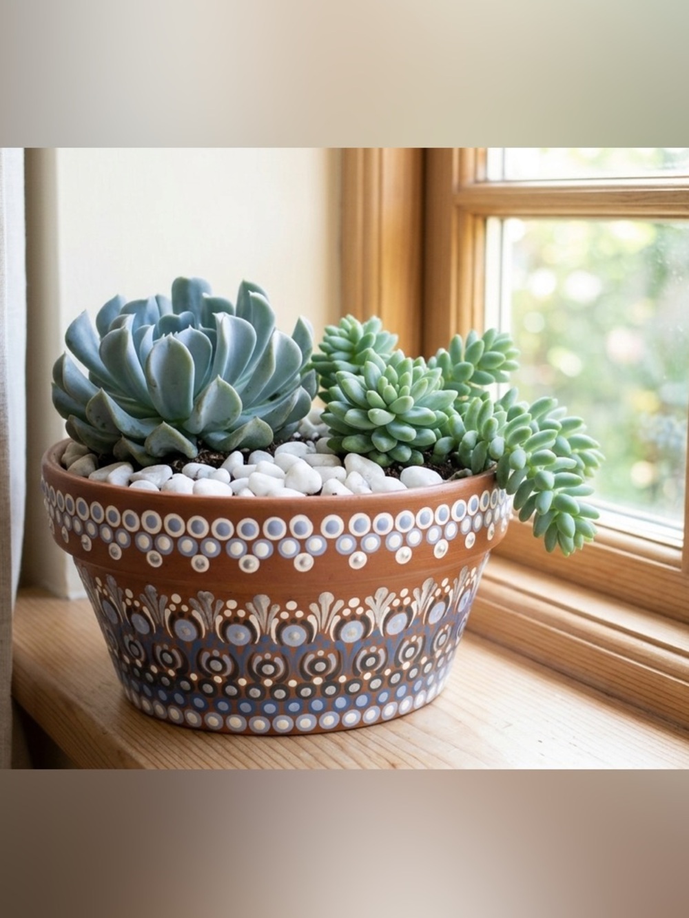 Hand Painted Wide Planter – Terracotta Succulent Pot . Unique Artisan Gift
